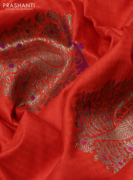 Banarasi dupion silk saree orange and purple with woven buttas and piping border