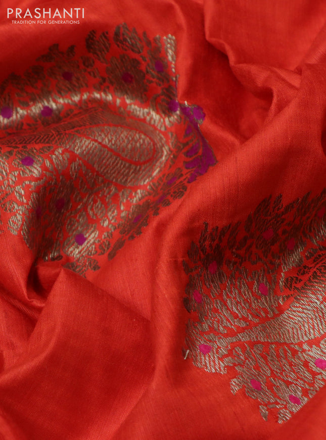 Banarasi dupion silk saree orange and purple with woven buttas and piping border