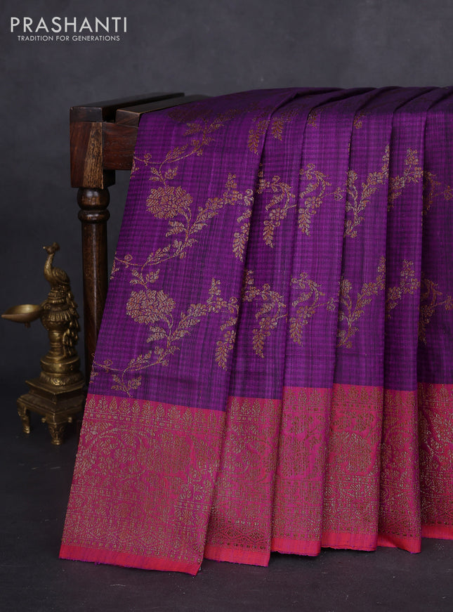 Banarasi dupion silk saree purple and dual shade of pinkish orange with allover thread & zari weaves and woven border