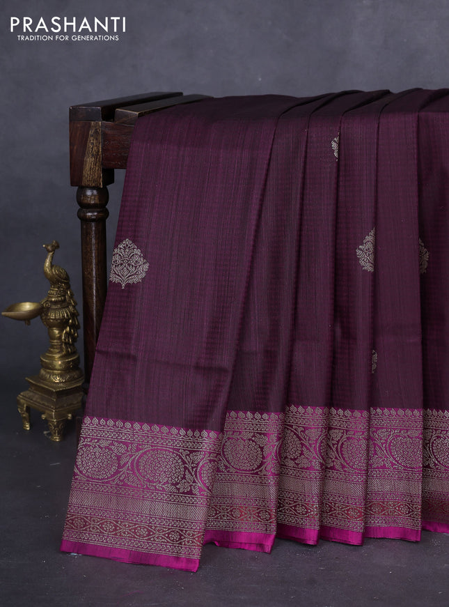 Banarasi dupion silk saree wine shade and magenta pink with thread & zari woven buttas and woven border