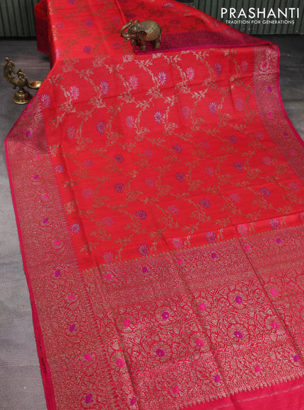 Banarasi dupion silk saree red and pink with allover thread & zari floral weaves and woven border