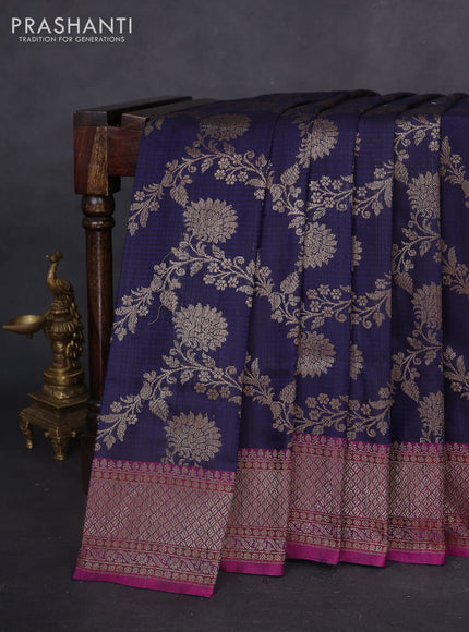 Banarasi dupion silk saree navy blue and purple with allover thread & zari floral weaves and woven border