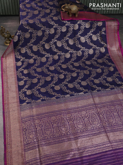Banarasi dupion silk saree navy blue and purple with allover thread & zari floral weaves and woven border