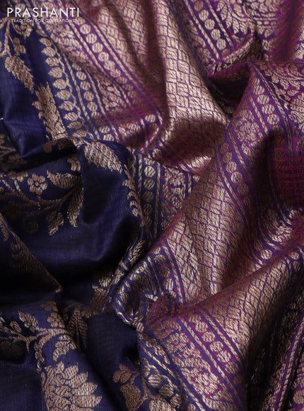 Banarasi dupion silk saree navy blue and purple with allover thread & zari floral weaves and woven border