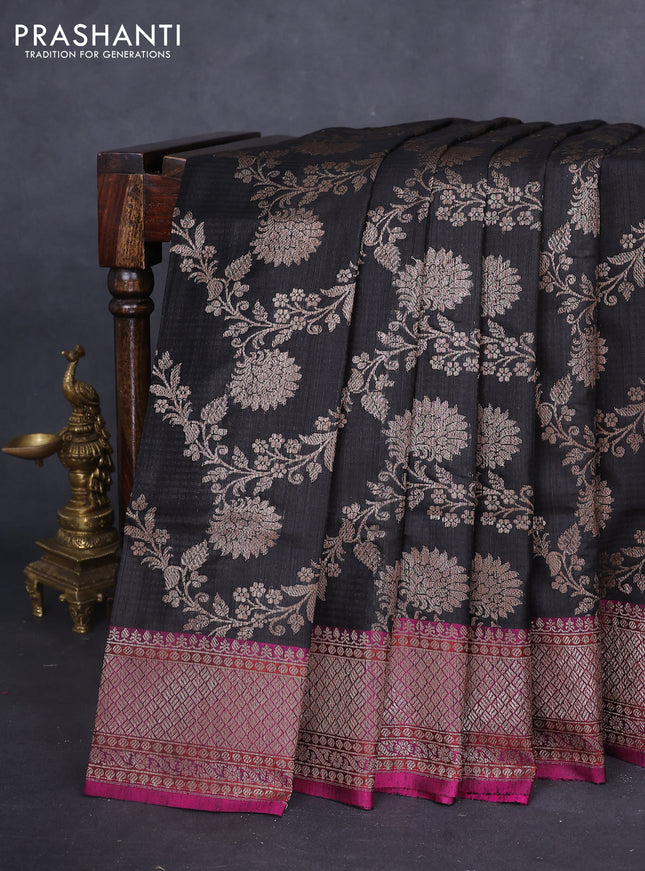Banarasi dupion silk saree black and purple with allover thread & zari floral weaves and woven border