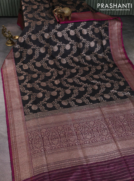 Banarasi dupion silk saree black and purple with allover thread & zari floral weaves and woven border