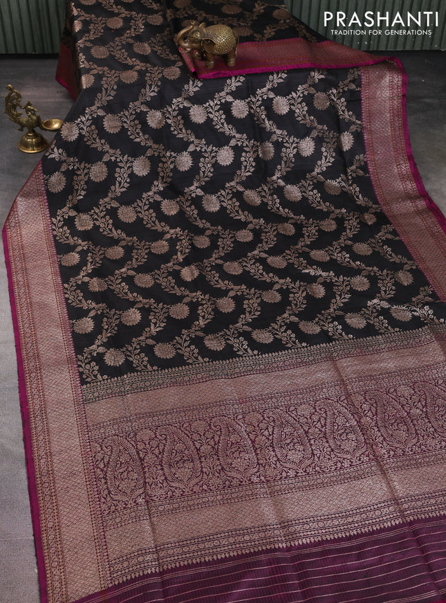 Banarasi dupion silk saree black and purple with allover thread & zari floral weaves and woven border