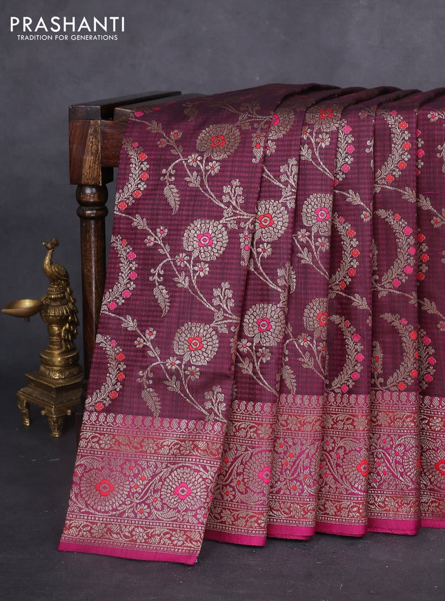 Banarasi dupion silk saree wine shade and magenta pink with allover thread & zari floral weaves and woven border