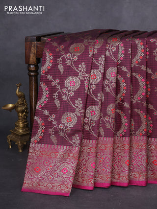 Banarasi dupion silk saree wine shade and magenta pink with allover thread & zari floral weaves and woven border