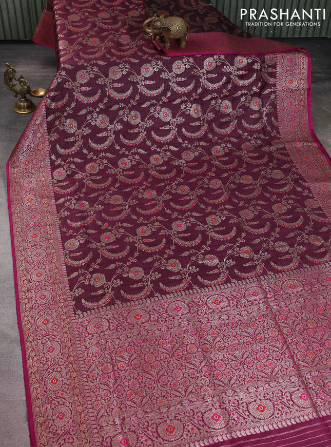 Banarasi dupion silk saree wine shade and magenta pink with allover thread & zari floral weaves and woven border
