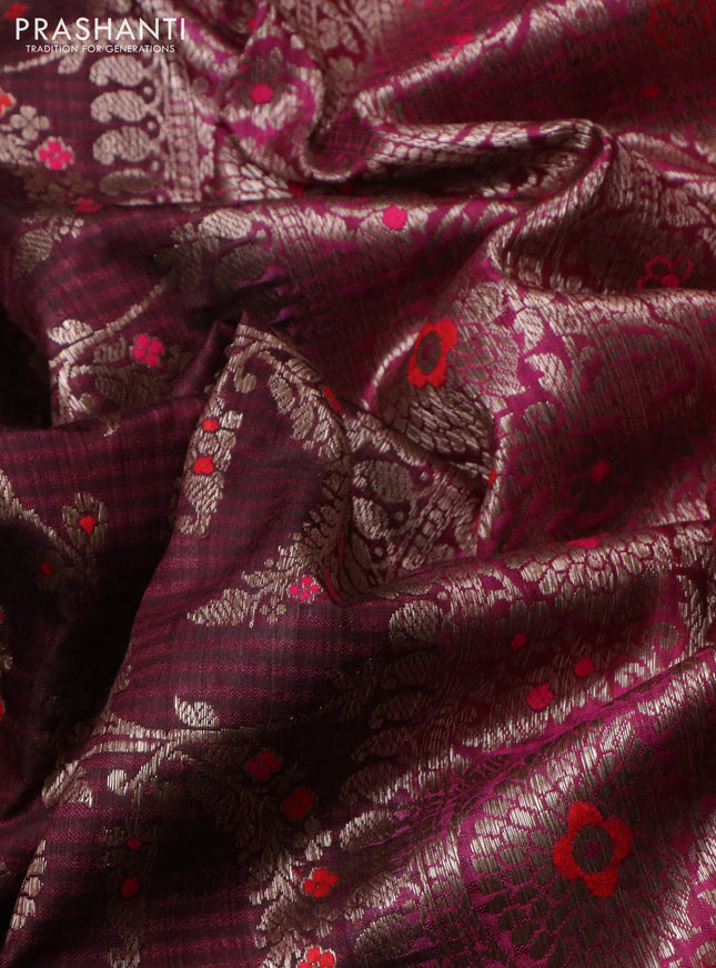 Banarasi dupion silk saree wine shade and magenta pink with allover thread & zari floral weaves and woven border