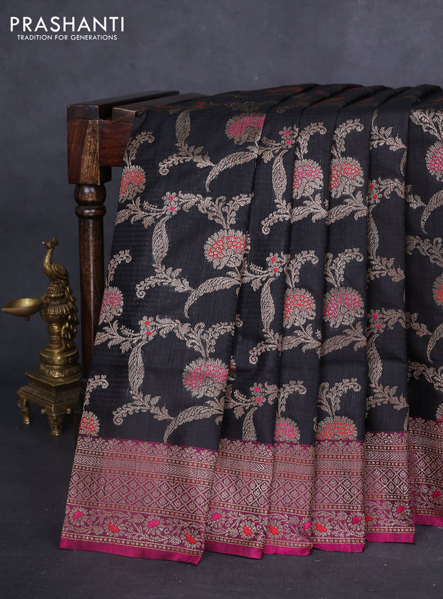 Banarasi dupion silk saree black and purple with allover thread & zari floral weaves and woven border