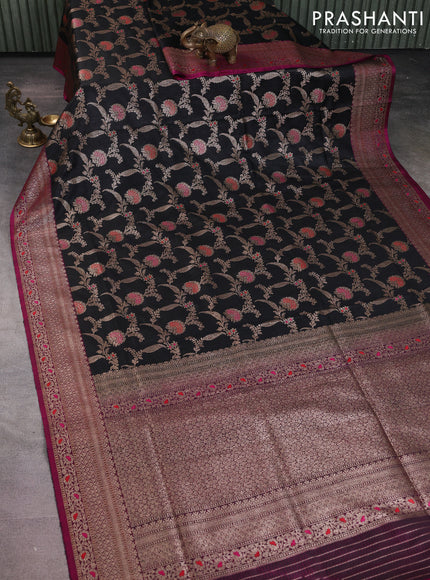 Banarasi dupion silk saree black and purple with allover thread & zari floral weaves and woven border