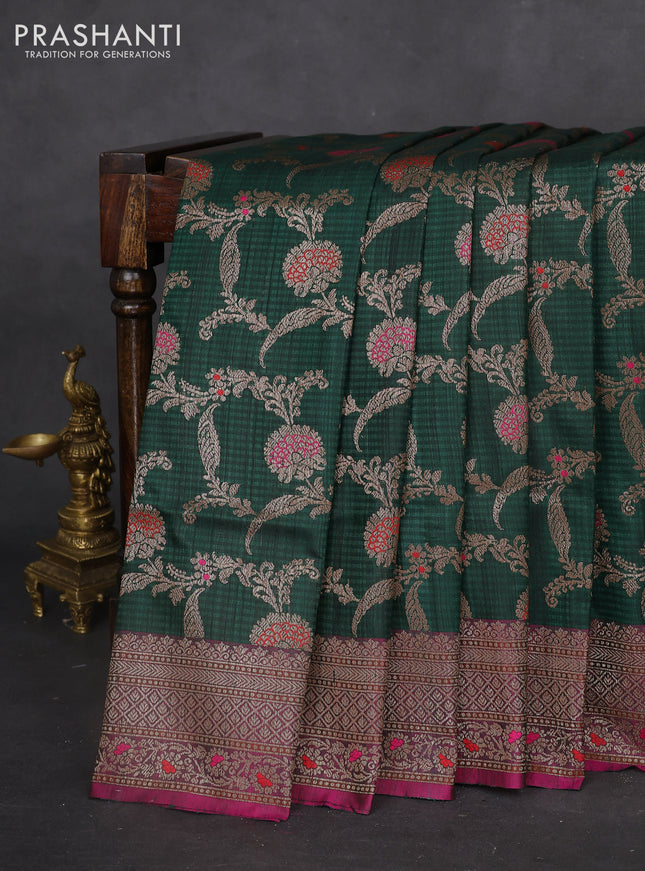 Banarasi dupion silk saree green and purple with allover thread & zari floral weaves and woven border
