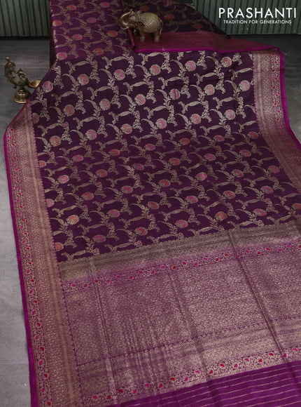 Banarasi dupion silk saree wine shade and magenta pink with allover thread & zari floral weaves and woven border