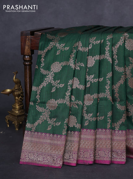 Banarasi dupion silk saree dark green and dual shade of purple with allover thread & zari weaves and woven border