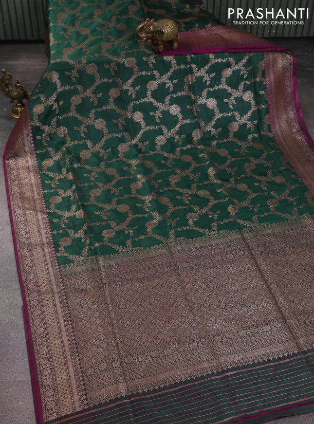 Banarasi dupion silk saree dark green and dual shade of purple with allover thread & zari weaves and woven border