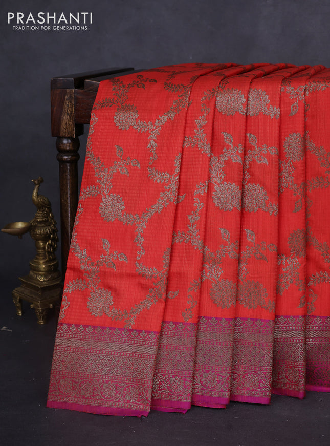 Banarasi dupion silk saree orange and dual shade of purple with allover thread & zari weaves and woven border