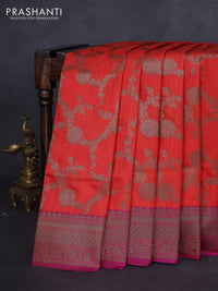 Banarasi dupion silk saree orange and dual shade of purple with allover thread & zari weaves and woven border
