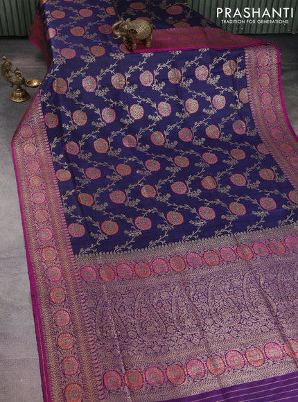 Banarasi dupion silk saree navy blue and purple with allover thread & zari floral weaves and woven border