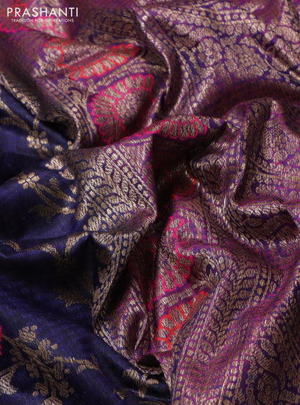 Banarasi dupion silk saree navy blue and purple with allover thread & zari floral weaves and woven border