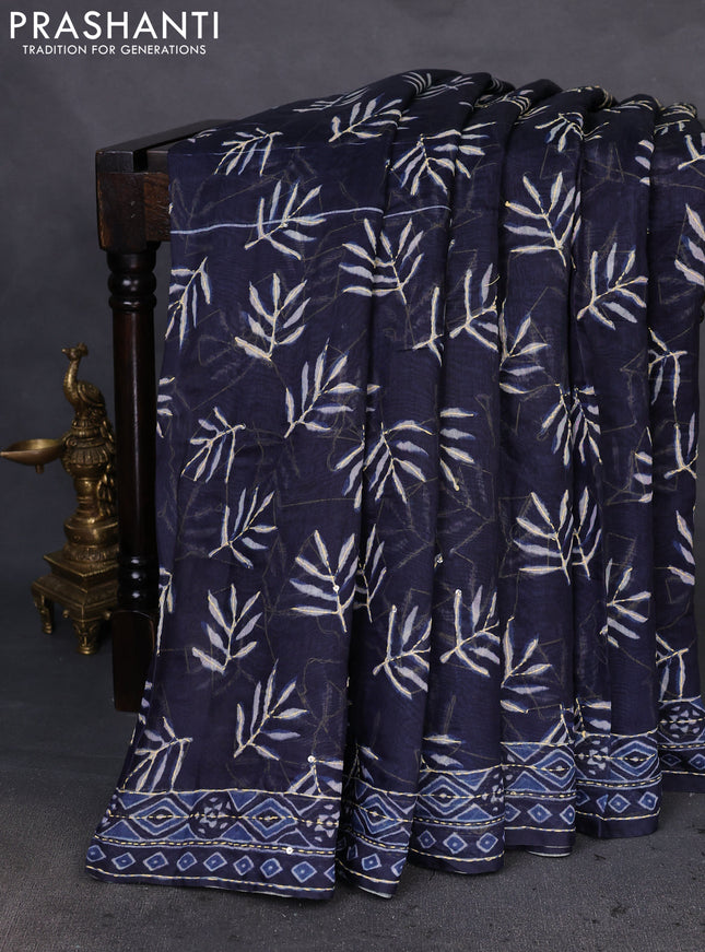 Semi linen saree navy blue with allover leaf prints & kantha stitch work