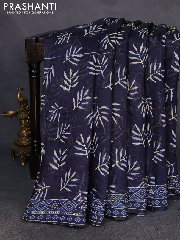 Semi linen saree navy blue with allover leaf prints & kantha stitch work