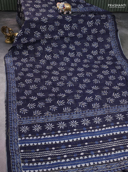 Semi linen saree navy blue with allover leaf prints & kantha stitch work