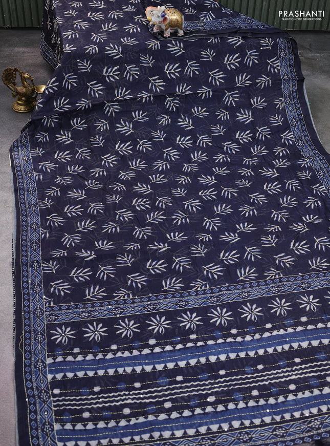 Semi linen saree navy blue with allover leaf prints & kantha stitch work