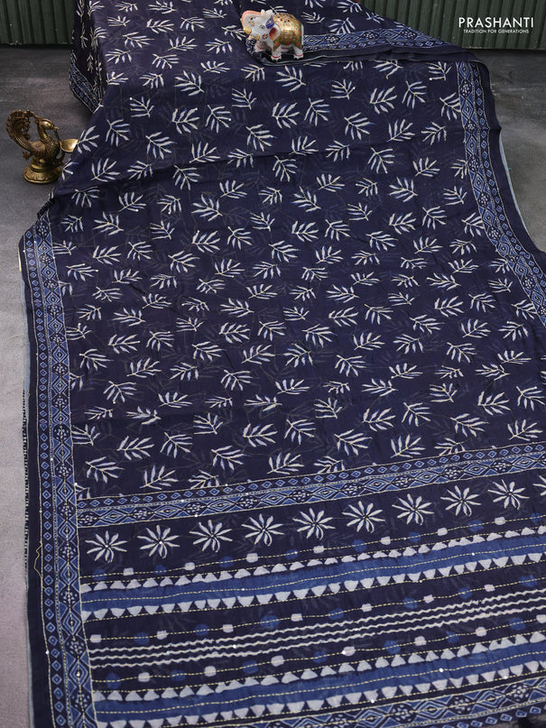 Semi linen saree navy blue with allover leaf prints & kantha stitch work