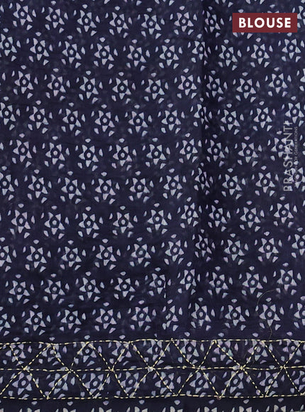 Semi linen saree navy blue with allover leaf prints & kantha stitch work