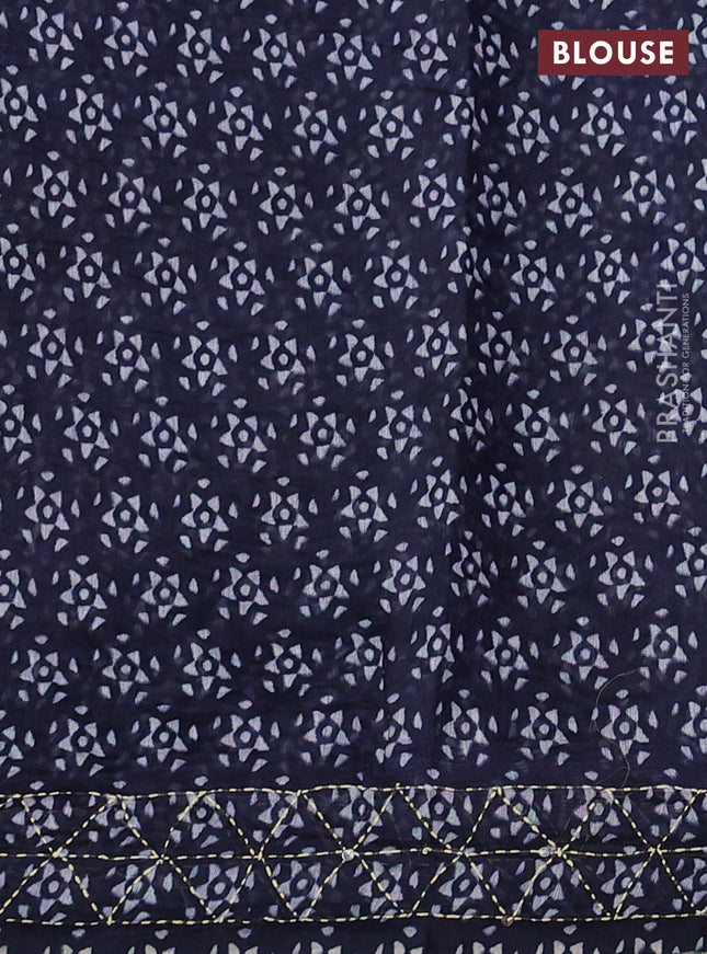 Semi linen saree navy blue with allover leaf prints & kantha stitch work