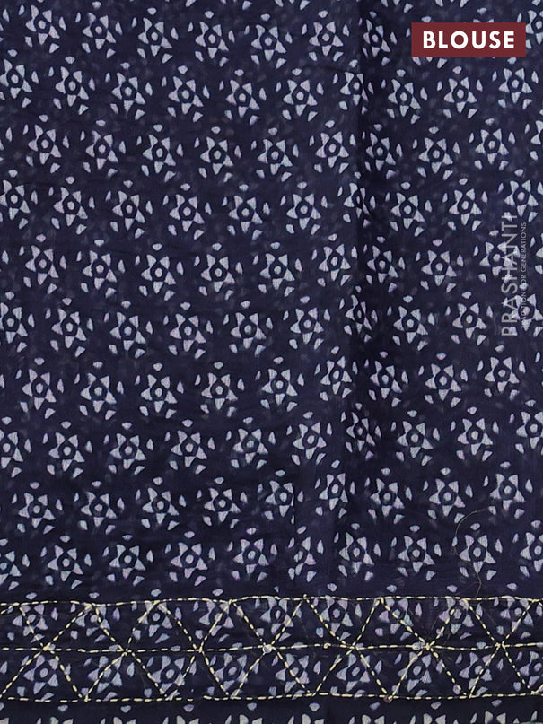 Semi linen saree navy blue with allover leaf prints & kantha stitch work
