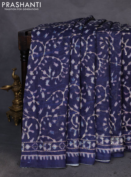 Semi linen saree indigo blue with allover prints & kantha stitch work
