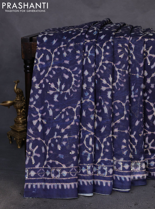 Semi linen saree indigo blue with allover prints & kantha stitch work