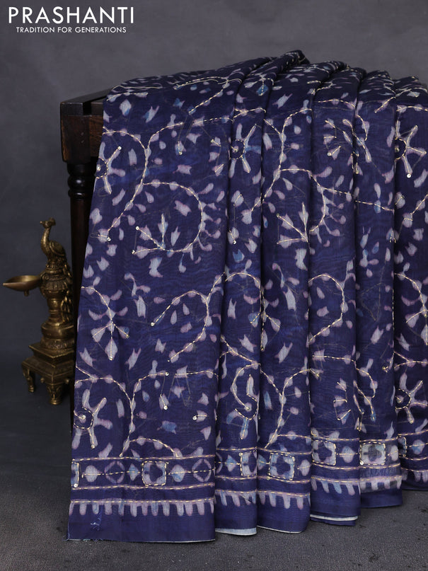 Semi linen saree indigo blue with allover prints & kantha stitch work