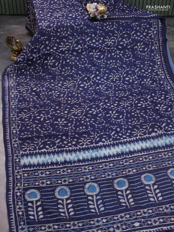 Semi linen saree indigo blue with allover prints & kantha stitch work
