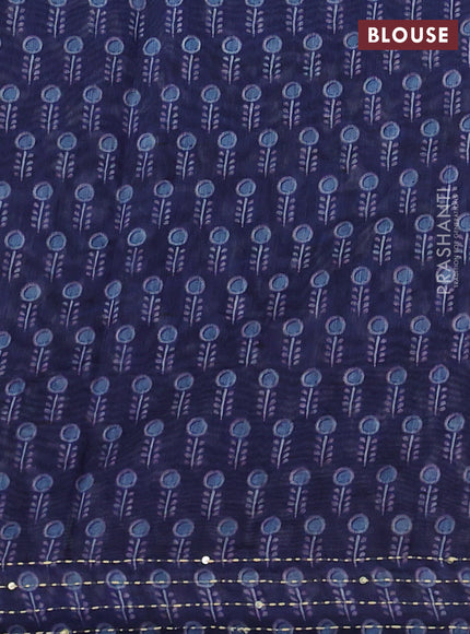 Semi linen saree indigo blue with allover prints & kantha stitch work