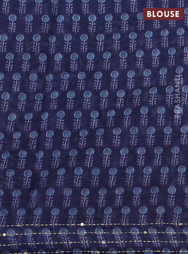 Semi linen saree indigo blue with allover prints & kantha stitch work