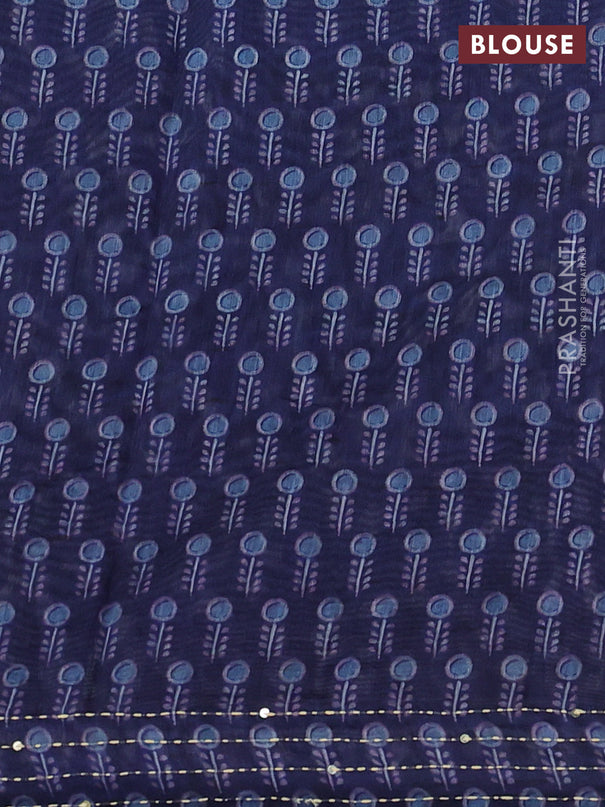 Semi linen saree indigo blue with allover prints & kantha stitch work