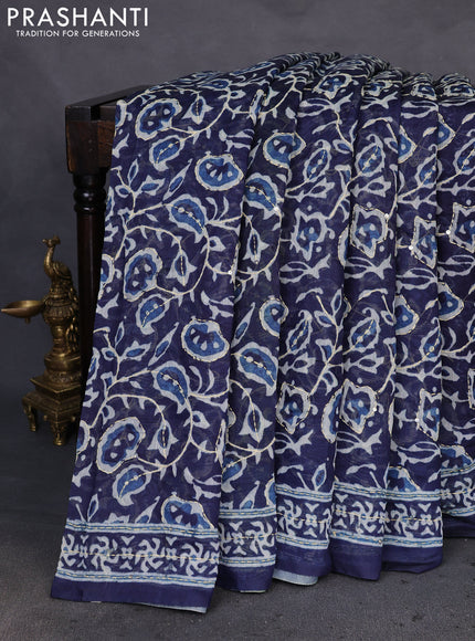 Semi linen saree indigo blue with allover prints & kantha stitch work