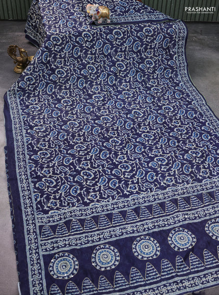 Semi linen saree indigo blue with allover prints & kantha stitch work