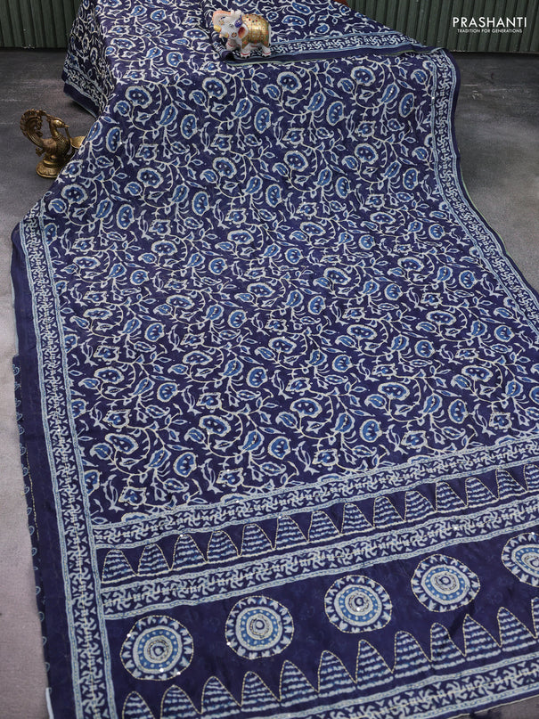 Semi linen saree indigo blue with allover prints & kantha stitch work