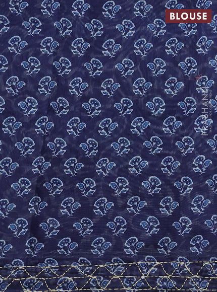 Semi linen saree indigo blue with allover prints & kantha stitch work