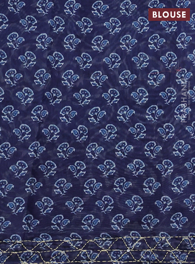 Semi linen saree indigo blue with allover prints & kantha stitch work