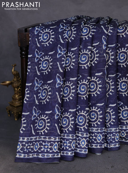 Semi linen saree indigo blue with allover prints & kantha stitch work