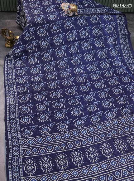 Semi linen saree indigo blue with allover prints & kantha stitch work