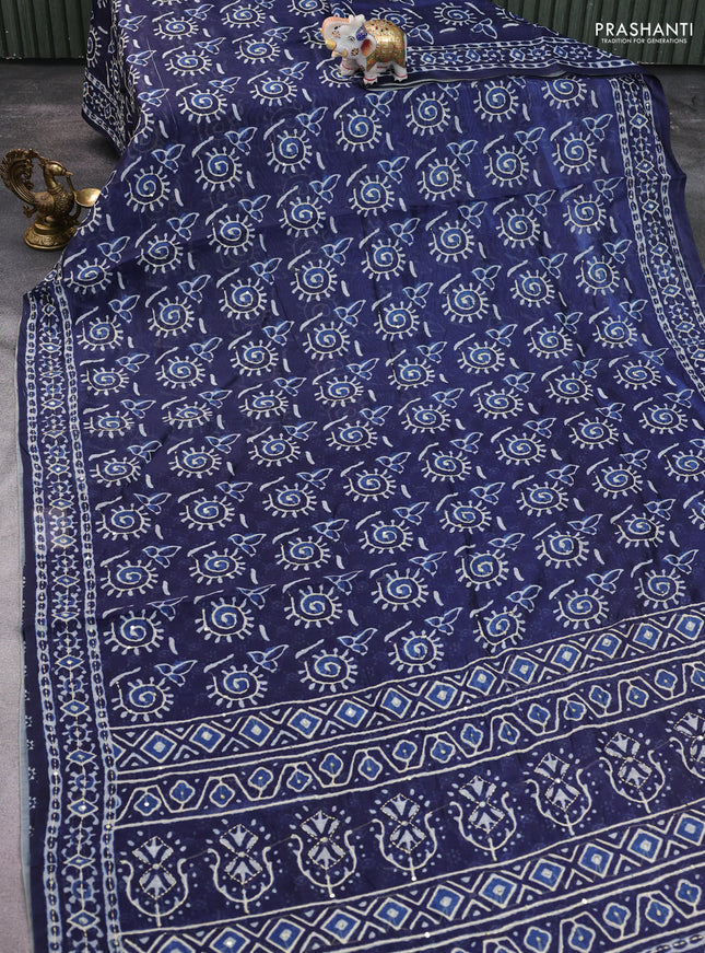 Semi linen saree indigo blue with allover prints & kantha stitch work