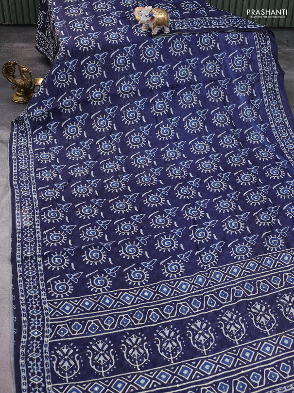 Semi linen saree indigo blue with allover prints & kantha stitch work