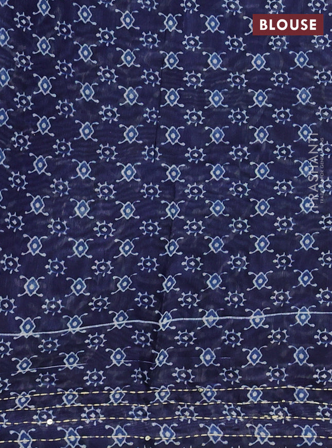 Semi linen saree indigo blue with allover prints & kantha stitch work